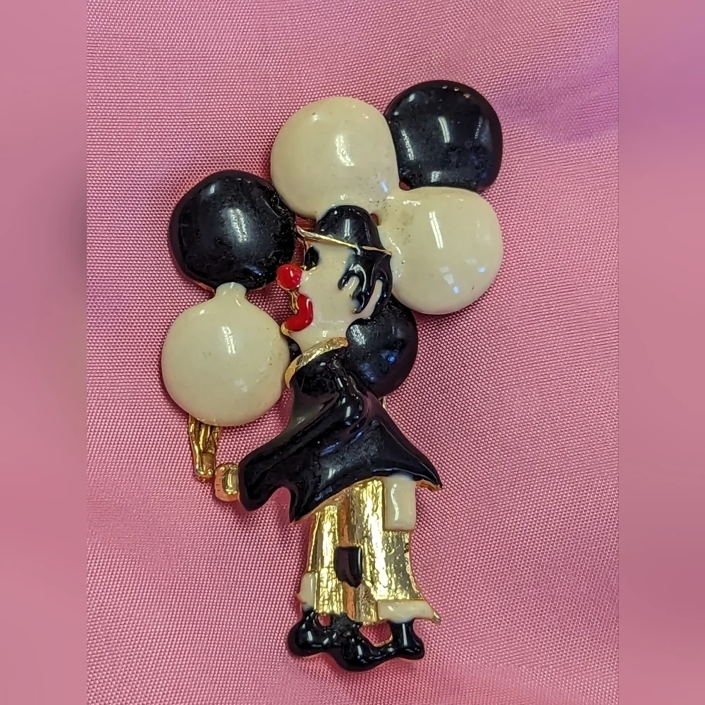Clown Pin Balloons Enamel Brooch Gold tone black white red Vintage Circus Party